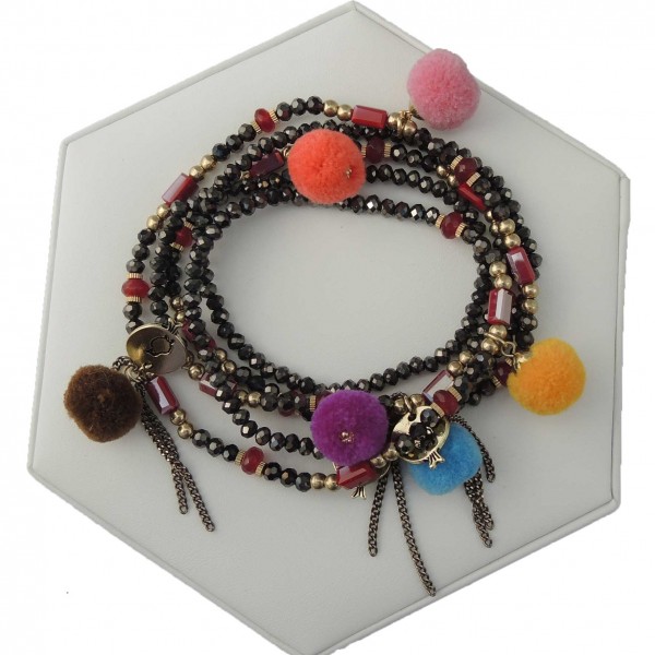 Fußkettchen / Armband / Schuhschmuck aus Kristall-Perlen mit bunten Pompons